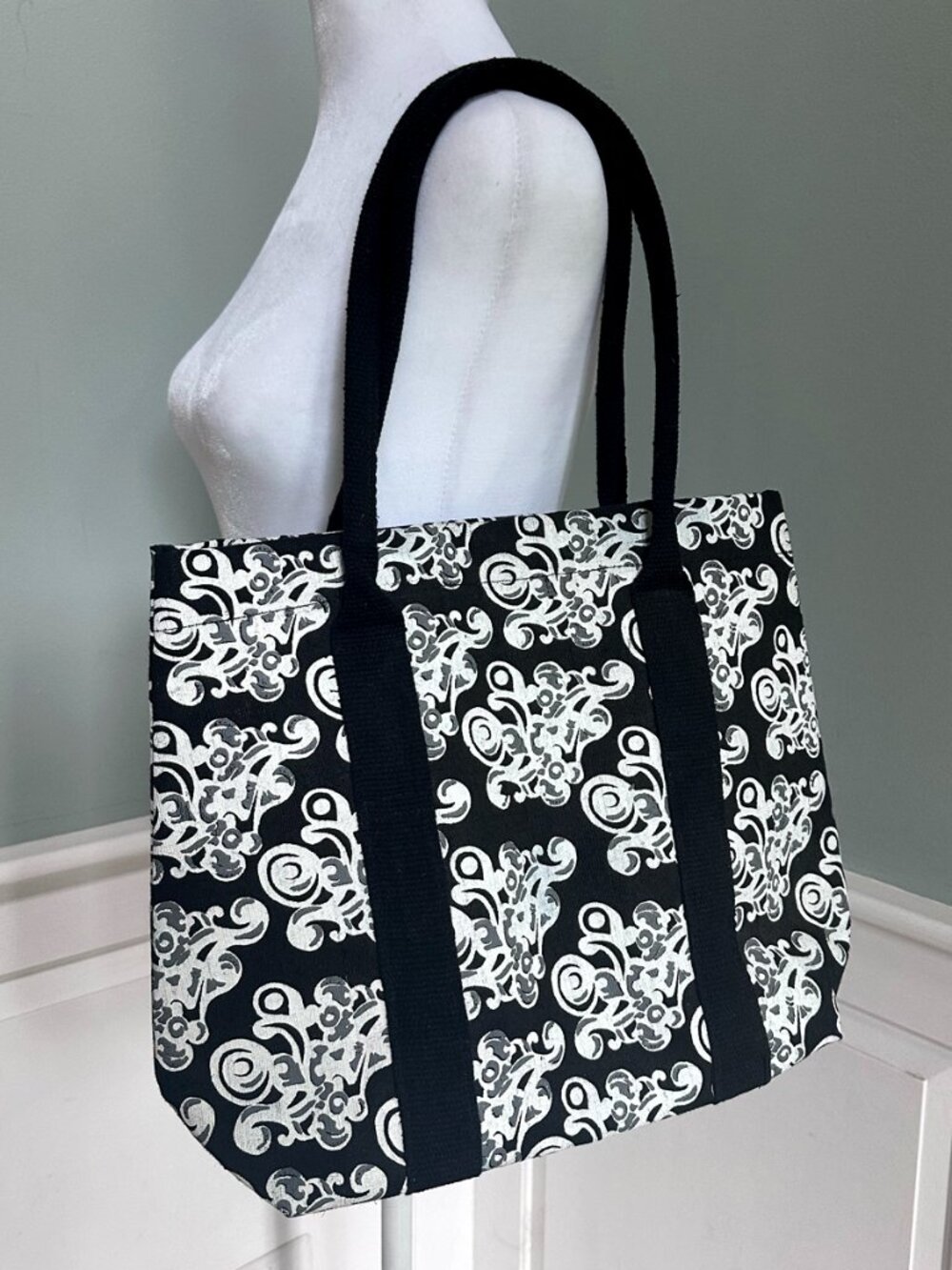 Black White Damask Canvas Tote Bag Large Shoulder Travel Bag
